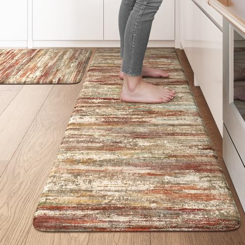 KIMODE Anti-Ermüdungs-Küchenmatten für den Boden, 2 Stück, rotbraun, Bauernhaus-Küchenteppich, rutschfest, ergonomisch gepolsterte Stehmatte für Büro, Waschbecken, Waschtisch, 43,2 x 119,4 cm + 43,2 x