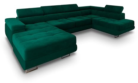 Masseno Ecksofa CASONE R-S mit Schlaffunktion U-Form, Sofa mit Bettkasten, Wohnzimmersofa, Couch, Soffa, Bettsofa, Couchgarnitur- Grün, Monolith 37