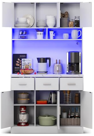 DRIXNO Multifunktionales Buffet mit LED-Beleuchtung mit Fernbedienung, Weiß 100x40x180cm, Schubladen, Verstellbaren Einlegeböden, Kabelführungslöchern und Steckdosen, Küchen und Esszimmer