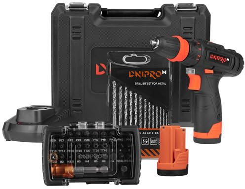 Dnipro-M Taladro Percutor a Bateria CD-12QX 12V con 2 Baterías 2Ah, Destornillador Eléctrico Compacto, Kit Herramientas Bateria con Juego de Brocas para Metal, Puntas Atornillador, Cargador y Maletín