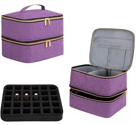 Nail Polish Organizer Bag Double Layer Make up Case Portable Travel Makeup Bag Cosmetic Storage Bag Vanity for Nail Polish Bottles Nail Lamp Tools Accessories (Purple, M - 30 Bottles)
