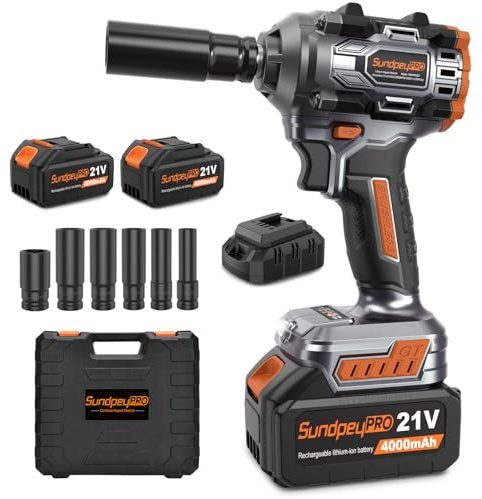 SundpeyPRO Pistola de Impacto a Batería 1000Nm, 21V Llave de Impacto sin Escobillas con 2 Baterías 4.0Ah, Destornillador de Impacto Eléctrico con 6 Enchufes y Cargador Rápido para Coche Hogar