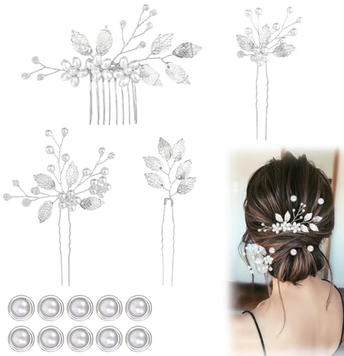 SUBTAVIK, 14 accessoires cheveux mariage, épingles cheveux fleurs et spirales perles, argent, pour mariées, demoiselles d'honneur, invitées