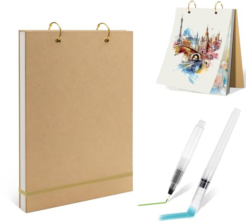 Roosea Aquarellpapier A5 188g/m², 60 Blatt Aquarellblock mit 2 Wasserpinselstifte, Kaltgepresst Aquarell Papier, Watercolor Paper für Aquarell, Acryl, Zeichnen, DIY Malen