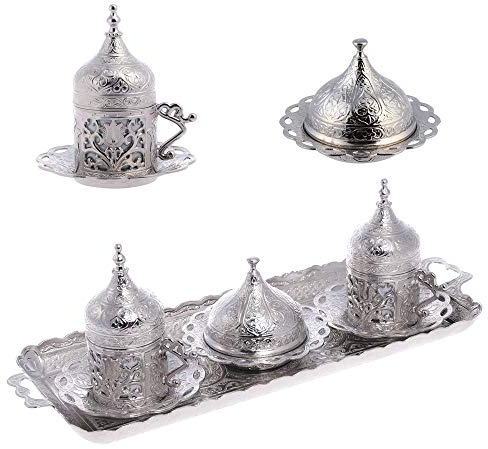 Alisveristime Ottoman Türkisch Griechisch Arabisch Espresso Kaffeetassen mit Untertasse und Deckel (2er-Set) (Lale) (Silber)