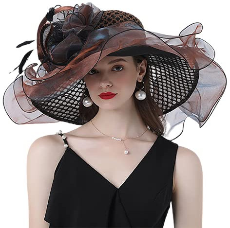 Sonnenhüte für Frauen, Organza Brautkleidermütze, Breitkirchhut mit dekorativen Blumen, formeller Fascinator -Hut,Braun,One Size
