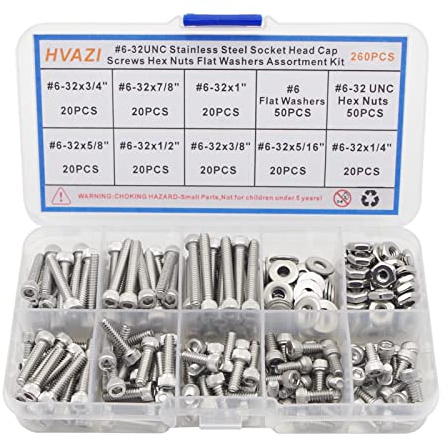 HVAZI #6-32 UNC Stainless Steel Hex Socket Head Cap Screws Hex Nuts Flat Washers Assortment Kit