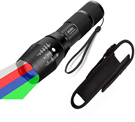 L'lysColors 4 in 1 LED Taschenlampe Mit Weiß, Rotes, Grünes & Blaues Licht - Multifunktionale Wasserdichte Mit Verstellbarem Fokus