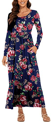 DEARCASE Robe Longue Femme Ample DéContractéE Robe à Manches Longue Fleurie Robes de Plage avec Poches Rose Marine XL