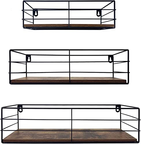 EYMPEU Wandregal 3er Set, Schweberegal mit rustikalem Holzbrett und schwarzem Metall für Küchen Badezimmer Wohnzimmer Büro