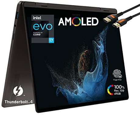 Ultra Portable Ultra Thin 2 in 1 Design Business Samsung Galaxy Book2 360 13.3 AMOLED Touch Laptop Intel 12th Gen Core i7 1255U Evo Platform Fingerprint Graphite w/HDMI Cable (16GB RAM | 512GB SSD)