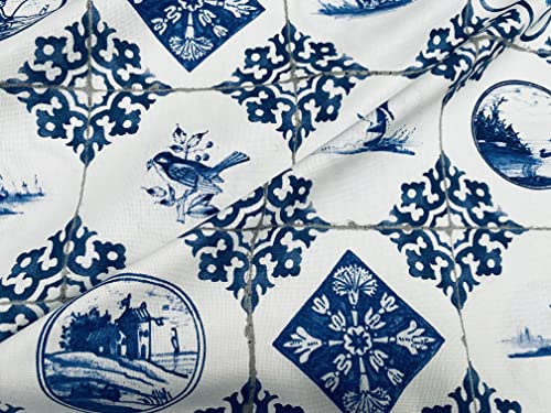 Geometrischer Stoff mit niederländischen Fliesen, Keramik-Effekt, Delft-Blau, Windmühlen, Holland-Tulpen, Baumwolle, Vorhänge, Polstermaterial, 140 cm breit, Meterware