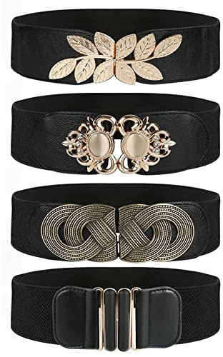 Pomeloone Donna Cintura Elastica Larga in Vita, 4 Pezzi Donne Nero Vintage Stretch Cinture di Vita, Ampia Moda Retrò Cinch, per il Girovita 95-115 cm