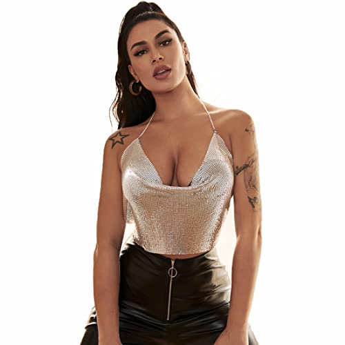 ITODA Damen Halter Top Tief V Neckholder Crop Top Rückenfrei Spaghettitop Sommer Durchsichtig Tank Top Y2K Metall Pailletten Trägertop Bauchfrei Spaghettiträger Tanktops für Nachtclub Party