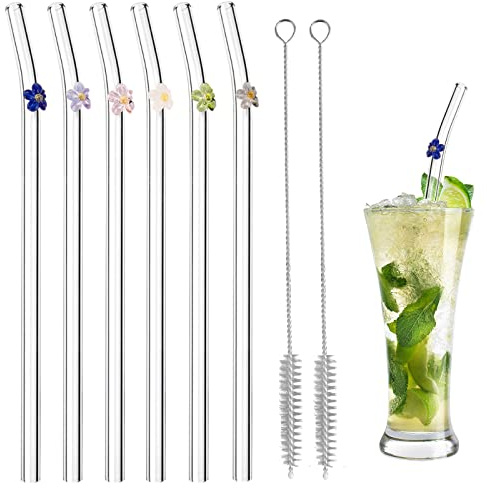 6 Stück Glasstrohhalme, Gebogene Strohhalme Glas 19.5cm | mit 2 Reinigungsbürsten, Farbenfrohe Blumengestaltung, Wiederverwendbar, für Cocktail, Säfte, Getränke, Milch
