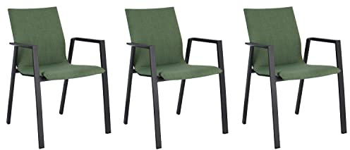 Home4You Gartenstuhl 3er Set – Terrassenstühle stapelbar – Balkonstuhl Aluminium anthrazit – Bezug olivgrün – Sitzmöbel wetterfest – 56x83x60 cm