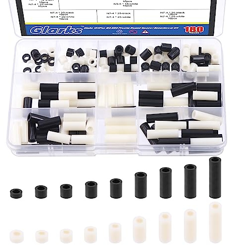 Glarks Assortiment de 180 entretoises rondes en nylon pour vis M4, entretoises de vis de sortie électrique, rondelles rondes en ABS noir et blanc, support d'espacement pour vis électriques