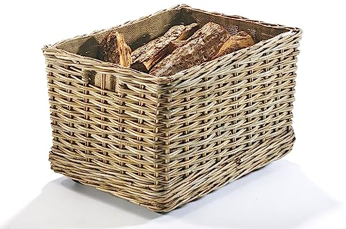 Kobolo Kaminholzwagen mit Rollen Holzkorb für Kaminholz - Rattan - mit Innenfutter aus Leinen
