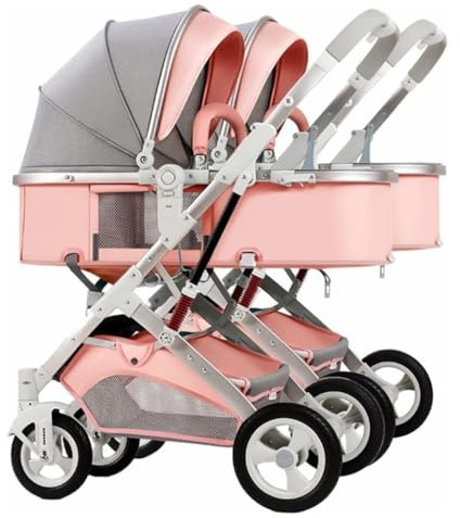 MEHWSUR Doppelkinderwagen nebeneinander for Zwillinge, Zwillingskinderwagen, Doppelkinderwagen for Säuglinge und Kleinkinder, Faltbarer tragbarer Tandem-Regenschirm for Zwillinge (Color : Pink-1)