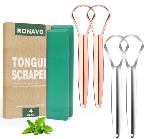 RONAVO Gratte-langue pour adultes (4 pièces), gratte-langue en métal antirouille (étuis de voyage inclus) pour réduire la mauvaise haleine, racloirs bucco-dentaires, facile à utiliser et à laver, 2