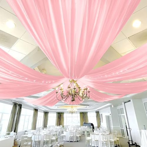 REWOMC 6 Panels Dusty Rose Ceiling Drapes for Wedding 5ftx20ft Chiffon Fabric Arch Draping Curtains Sheer Drapery for Party Ceremony Birthday Baby Shower Reception Stage Swag Ceiling Decorations