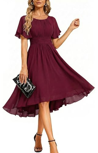 Ever-Pretty Abito Cerimonia Donna Maniche a Volant Chiffon Pieghe al Ginocchio Abito da Sera Elegante Borgogna 44