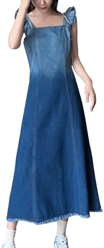 Yishengwan Donna Lunga Vestito Denim Senza Maniche Salopette di Jeans Salopette Gonna Denim Vestiti Overall Blu XL