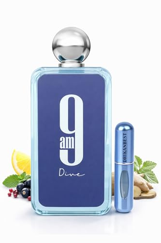 9AM Dive Eau de Parfum 100ml Unisex – Perfume Fresco Cítrico Acuático con Limón, Menta, Manzana y Sándalo de Larga Duración + Atomizador Recargable 5ml DRIKANBEST