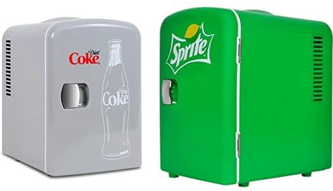 Koolatron Diet Coke Mini Fridge 4L Small Fridge 6 Can Table Top Mini Fridges 12V Portable Cooler Grey + Sprite Mini Fridge 4L 6 Can Quiet Mini Fridges for Skincare Food Drinks Home Car & Travel Green
