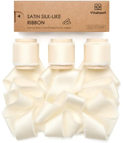 Vitalizart Cinta de Raso con Flecos Marfil 2,5 cm x 13,7 m, Cinta Crema de Tela Deshilachada Hecha a Mano para Envolver Regalos Fiesta del Bebé Ramos de Novia Fiestas Adornos