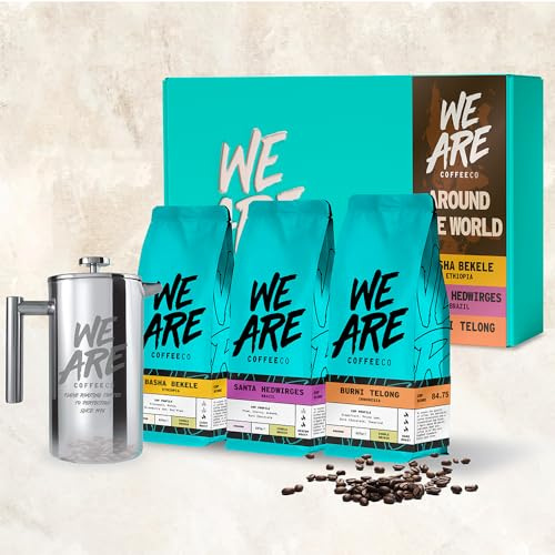 Coffee Beans Coffee Gift Set Including Cafetiere, Whole Bean Coffee, 3 x 227g Around the World Coffee Beans, 100% Arabica, Light Medium & Dark Roast Speciality Coffee (We Are Coffee Co)