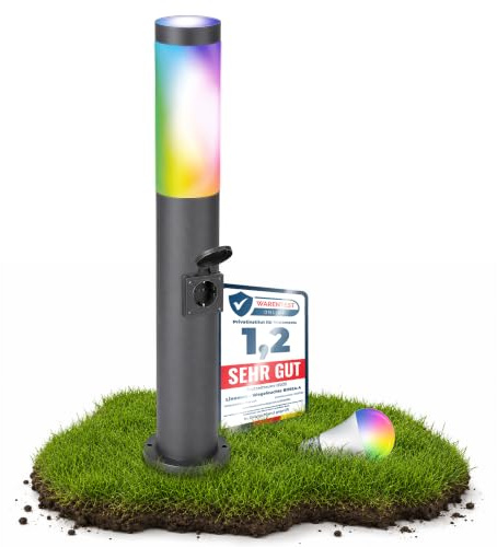 linovum BOSEA-S dunkelgraue Außenleuchte mit Steckdose & Smarthome WLAN E27 Birne RGB+W - Energiesäule 50cm Stromsäule mit Licht
