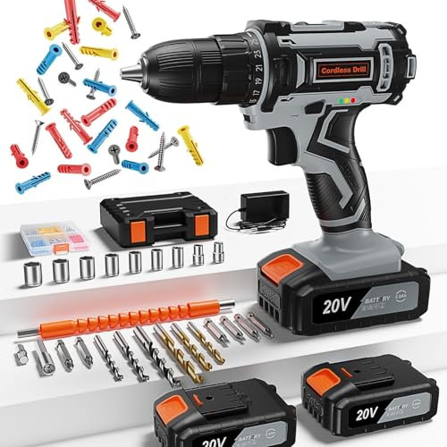 FAHEFANA Cordless Drill 20V, Battery Drill with 2 Batteries 2.0Ah, 42Nm Power Electric Drills Cordless