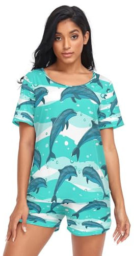 HMZXZ Damen Schlafanzug-Set Tier Delfin Sommer Pyjama Woman Set,Meer Blau Loungewear und Shorts Lounge Set Sleepwear Nachtwäsche