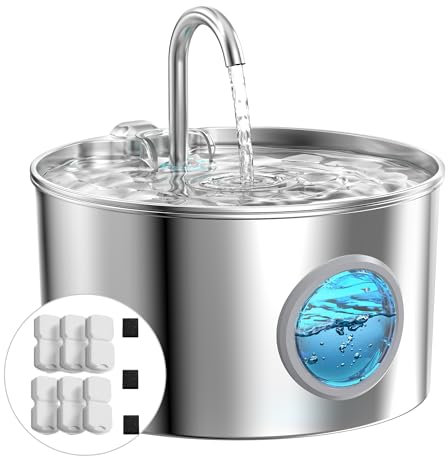 Fuente para Gatos Acero Inoxidable: Bebedero Automático 2.2L - Silencioso - Dispensador para Gatos y Perros - 6 Filtros + 3 Esponjas