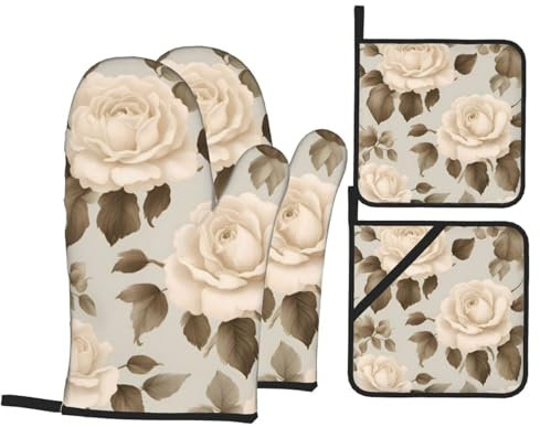 YYHHAOFA Set di quattro pezzi da cucina in stile shabby chic, con motivo floreale, guanto da forno isolato e presine, spessi e resistenti