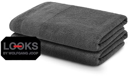 LOOKS BY WOLFGANG JOOP 2X Handtuch 50x100 cm – 100% Baumwolle Doppelpack Luxus Handtücher mit Aufhänger & Logostick, 2er Set Handtücher grau