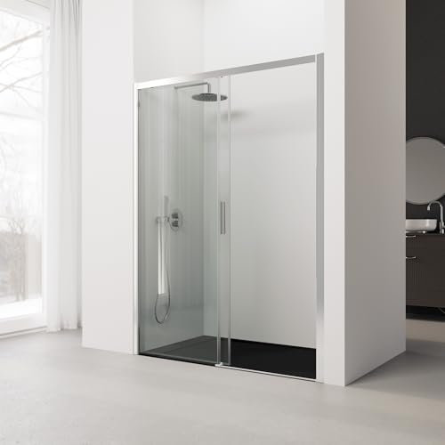 Paroi de Douche Frontale Coulissante SERIE 300F - Dimensions 176-180x195 cm - Verre Trempé, Anti-calcaire- 1 Porte Coulissante et 1 Fixe de 6 mm - Profil Argenté Brillant - Réversible - Real Shower