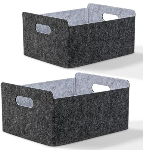 BEHONA Panier de Rangement en Feutre Épais Résistant - Organisateur Dressing pour Armoires/Étagères, Boîte de Stockage pour Maison/Bureau/Papier A4 (Noir-gris (2 pièce), 12.4 in x 9.8 in x 5.9 in)