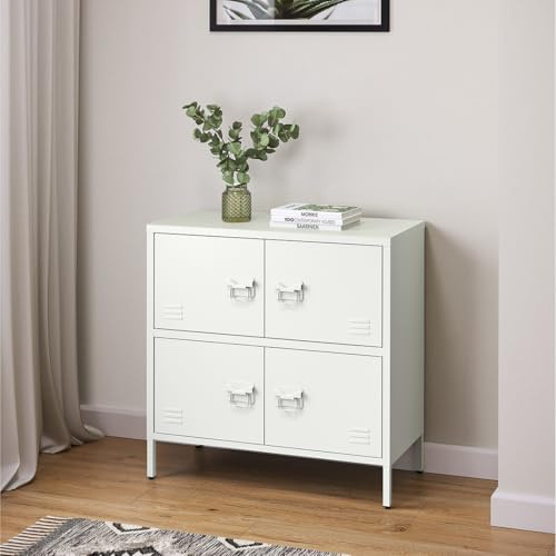 skølm Zandor Metall Kommode – Sideboard mit 2 Fächern & 4 Türen – Metallschrank in Weiß – Kleiner Mehrzweckschrank 80 cm breit – höhenverstellbare Füße – Aufbewahrungsschrank – Wohnzimmerschrank