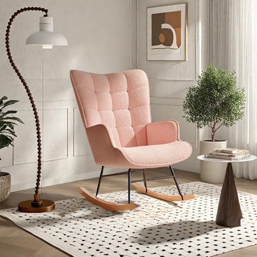 Schaukelstuhl, Teddy Plüsch Schaukelsessel, gepolstert hoher Rückenlehne, Sessel Relaxstuhl, lesesessel, Wohnzimmer Lounge Sessel, für Wohnzimmer Schlafzimmer Balkon (Rosa)