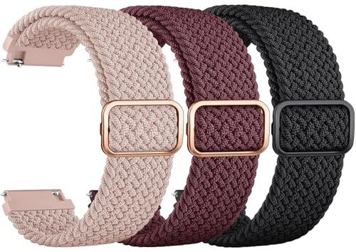 ZGCE 3 Stück Elastische Uhrenarmbänder 22mm 20mm Armband, mit Verstellbarer Schnalle, Nylon Geflochtene Sport Uhrenarmband für Herren Damen (Schwarz/Rosa/Weinrot, 22mm)
