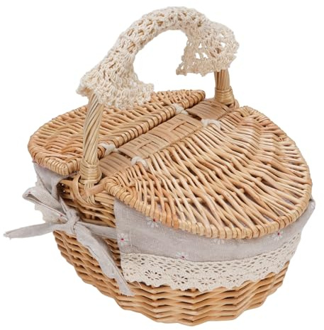 Panier de Pique-Nique en Osier avec Couvercle et Poignée, Panier de Pique-Nique pour la Cueillette de Légumes de Camping, Couvercle à Double Ouverture et Doublure Amovible (Marguerite)