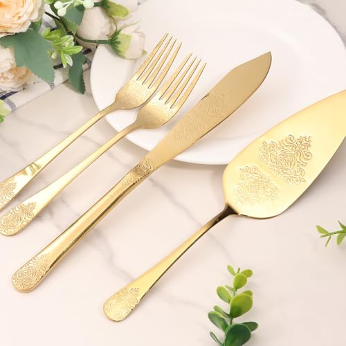 4 Pcs Stainless Steel Cake Cutting Set, Vintage Engraved Cake Cutting Server for Wedding Engagement Anniversary Birthday Party Prom Picnic (Gold)
