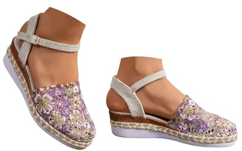 Xbemkste sandaletter dam, espadrillo, platå med kilklack, sandaler, stängda tår, sommarskor med justerbar rem, elegant urholkning, kilsandaler, lila, 37 EU bred