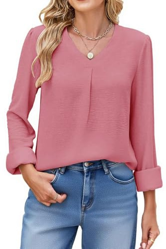 Teesho Damblus kortärmad elegant skjortblus sommartoppar volanger ståkrage arbete tunika skjorta toppar volang ärmar skjortor, Långärmad rosa, XL