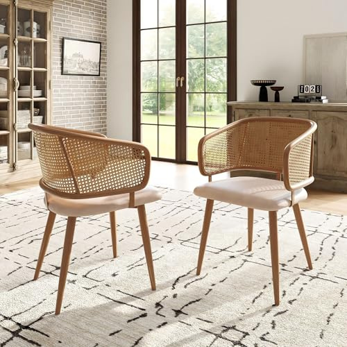 Esszimmerstühle Set mit Rattan-Rückenlehne Sitzkissen aus PU-Leder Armlehnstuhl für Restaurants Wohnzimmer Cafés Küchen Lounge Sessel bis 150 kg belastbar 2-teilig Holzfarbe