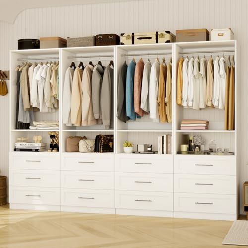 Closet System with Wooden Drawers, 8FT Closet Organize System with Drawers & Hanging Rods &for Walk in Closets, 4PCS*24 Freestanding Closet System, White(8FT)