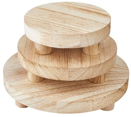 SUPERFINDINGS 3 Sizes Round Wood Display Riser Matte Wooden Pedestal Stand Farmhouse Wood Riser Tiered Tray Centerpiece for Bathroom Kitchen Counter Plant Decor,20/15.2/12.6cm
