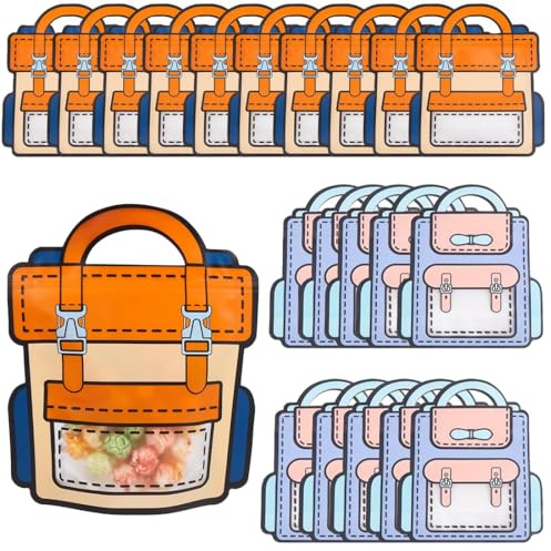 DIFLAX 20 Stück Geschenkboxen mit Schulranzen Design mit Griff Gastgeschenke Einschulung Schulanfang Geschenkverpackungen Geburtstag Süßigkeitentüten Für Snacks Aufbewahr (Orange + Lila)